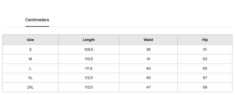 Size chart in centimetres