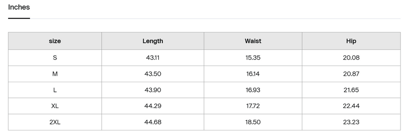Size chart in inches